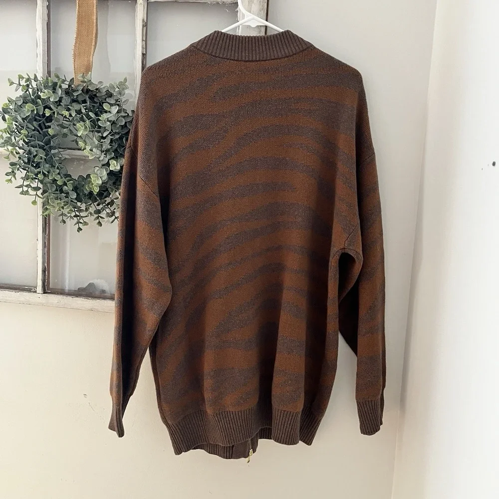 Varley Mayberry Wool zebra print zip front knit cardigan Brown Motif Size M‎